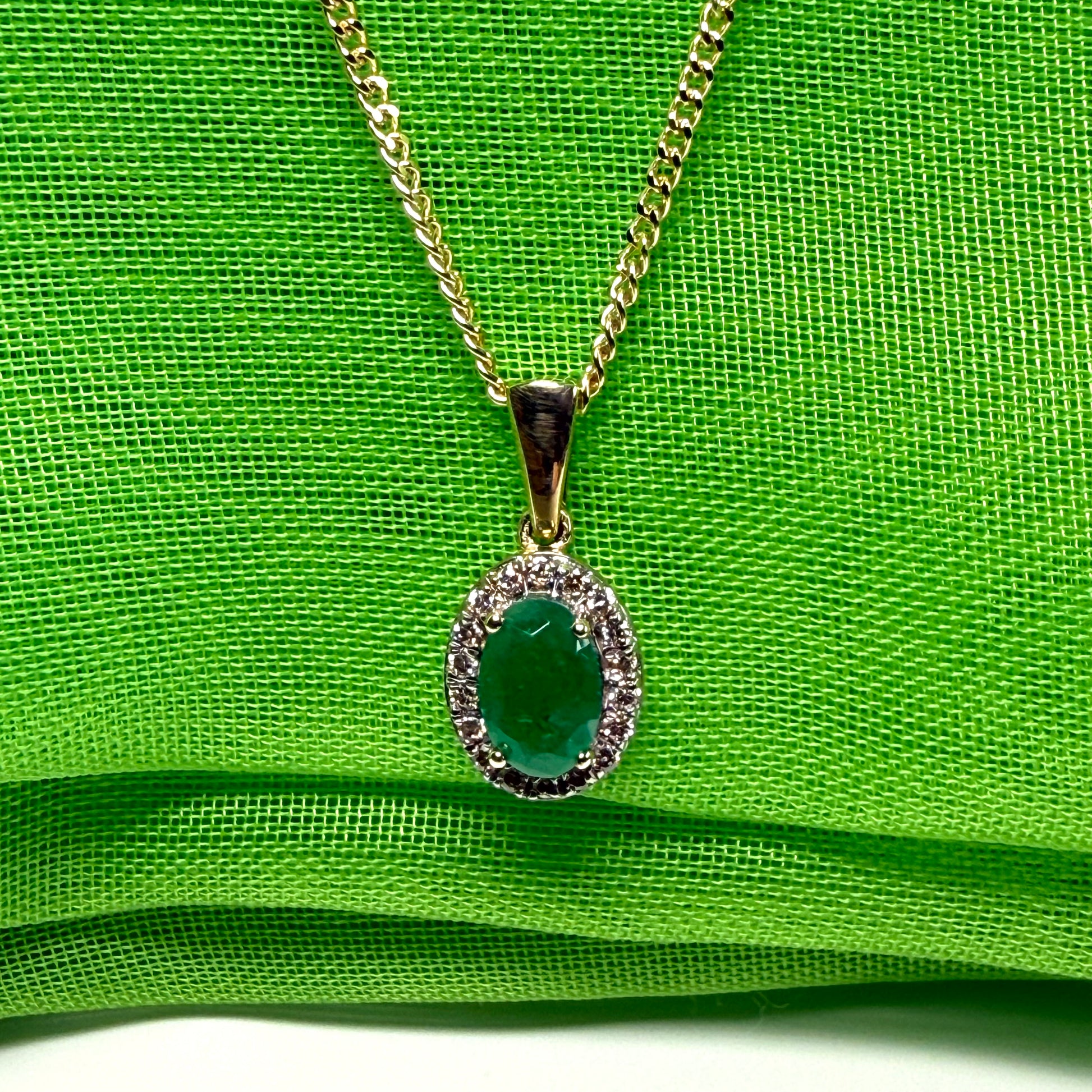 Real green emerald and real diamond oval shaped cluster necklace yellow gold pendant