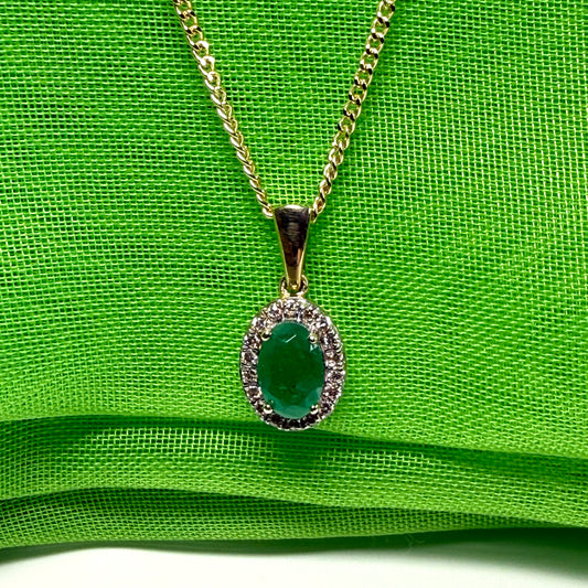 Real green emerald and real diamond oval shaped cluster necklace yellow gold pendant