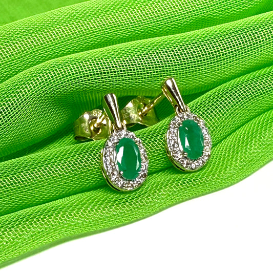 Real green emerald and real diamond oval shaped cluster drop earrings yellow gold