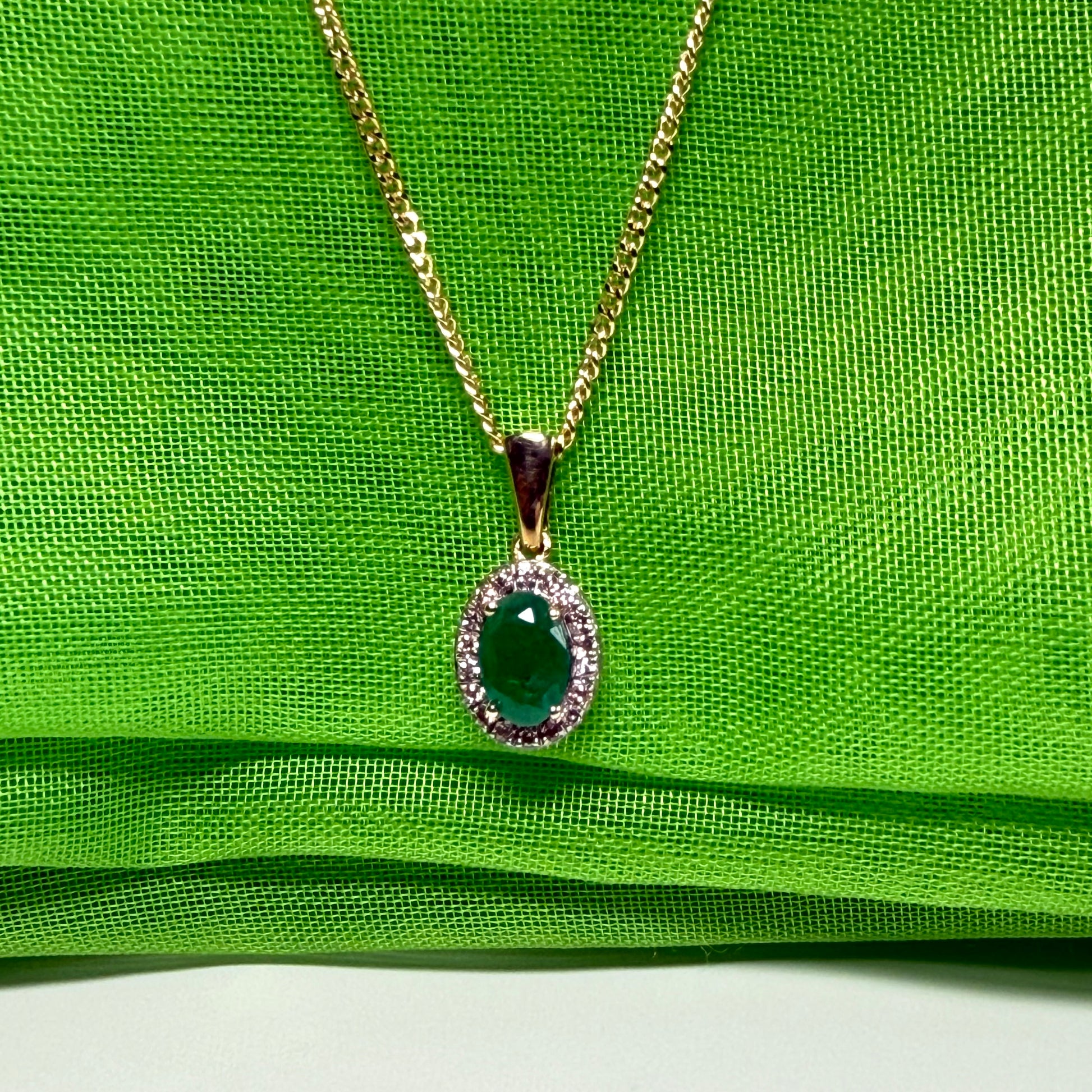 Real green emerald and real diamond oval shaped cluster necklace yellow gold pendant
