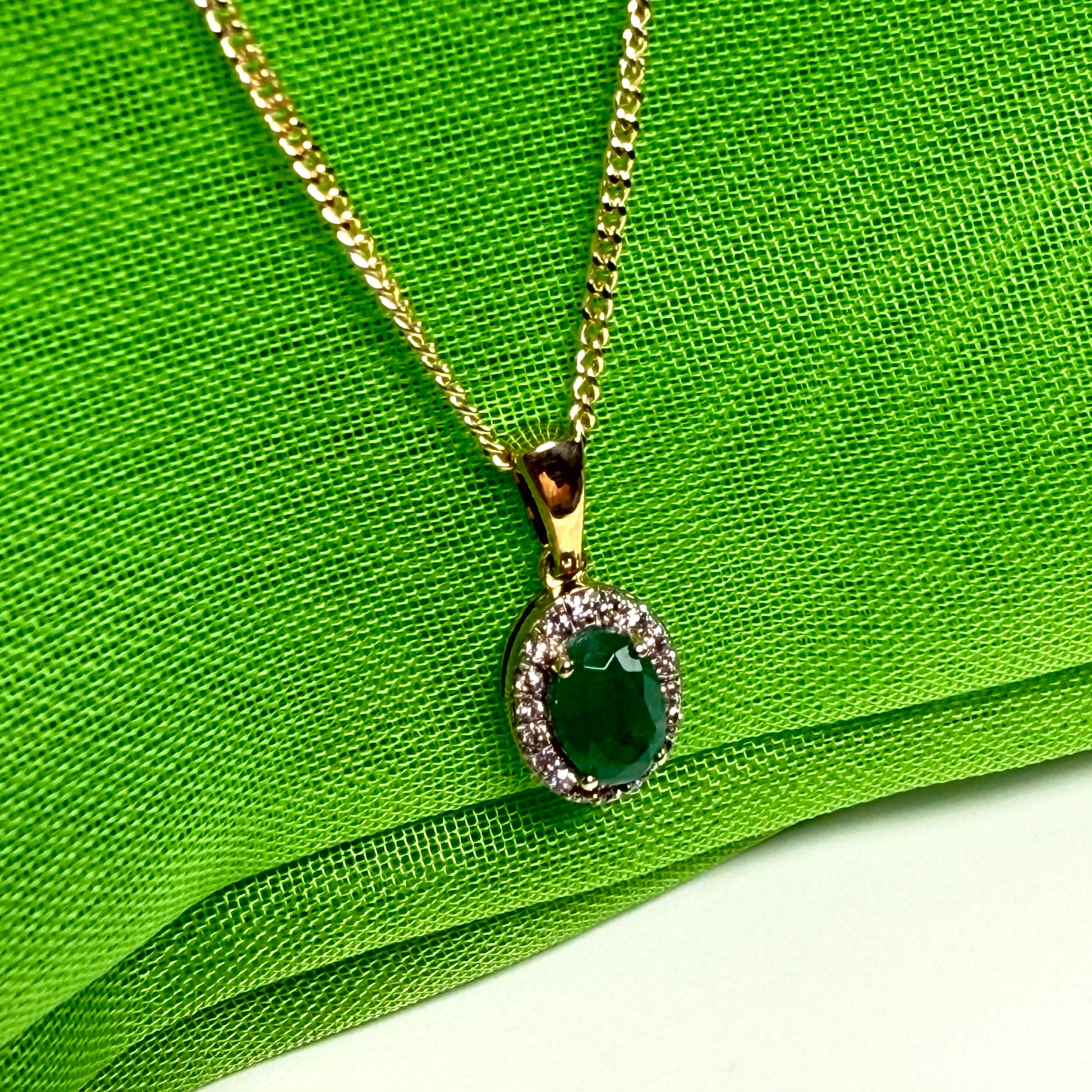 Real green emerald and real diamond oval shaped cluster necklace yellow gold pendant