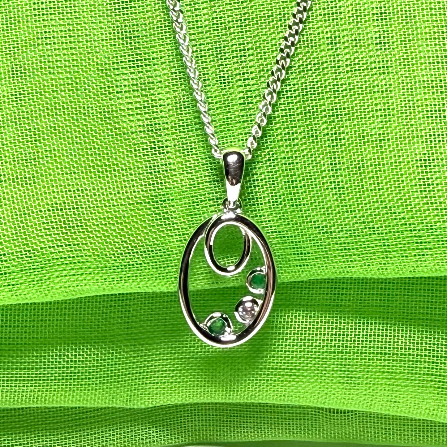 Real green emerald sterling silver oval necklace pendant with cubic zirconia