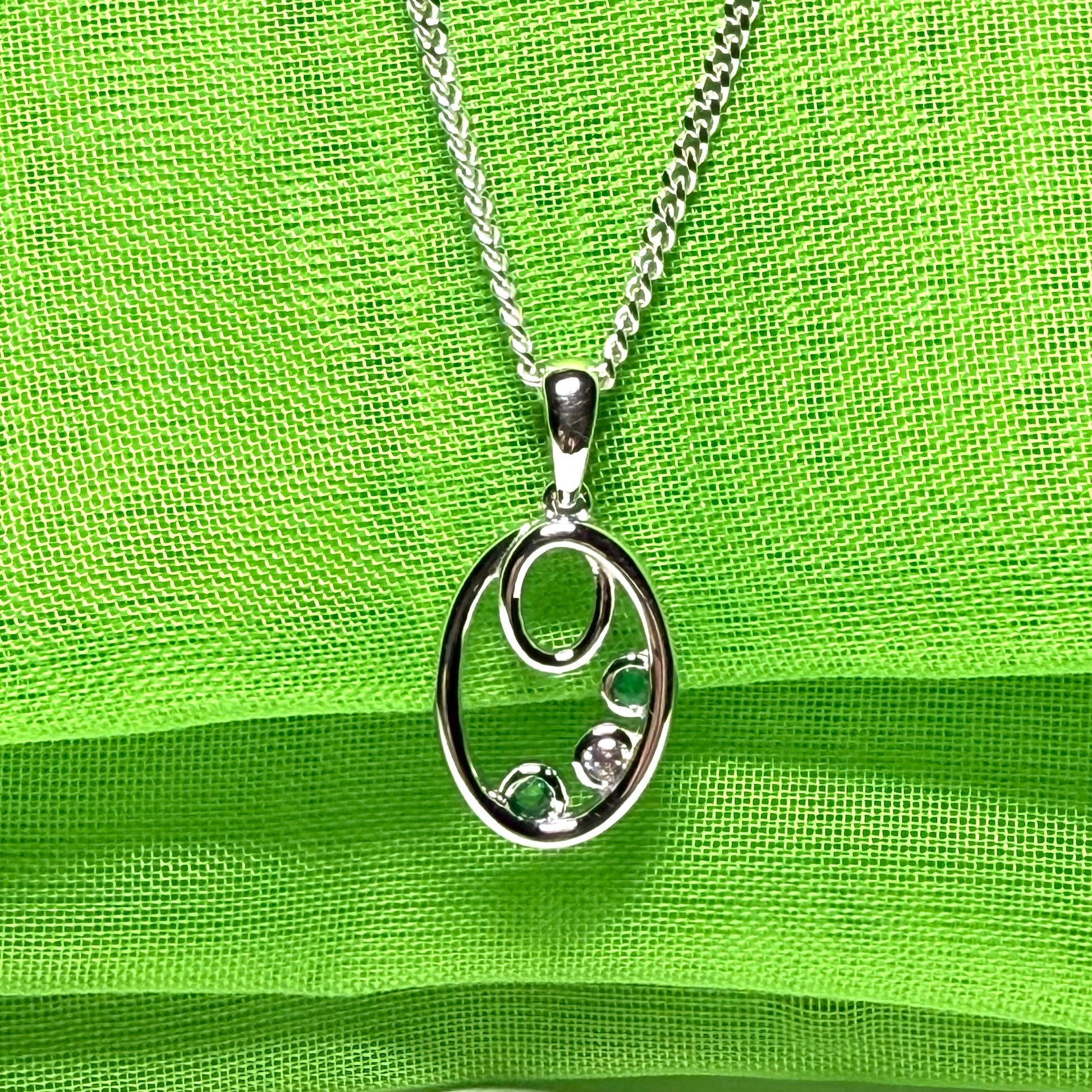 Real green emerald sterling silver oval necklace pendant with cubic zirconia