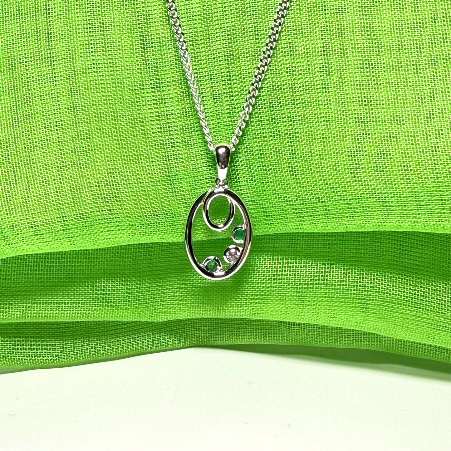 Real green emerald sterling silver oval necklace pendant with cubic zirconia