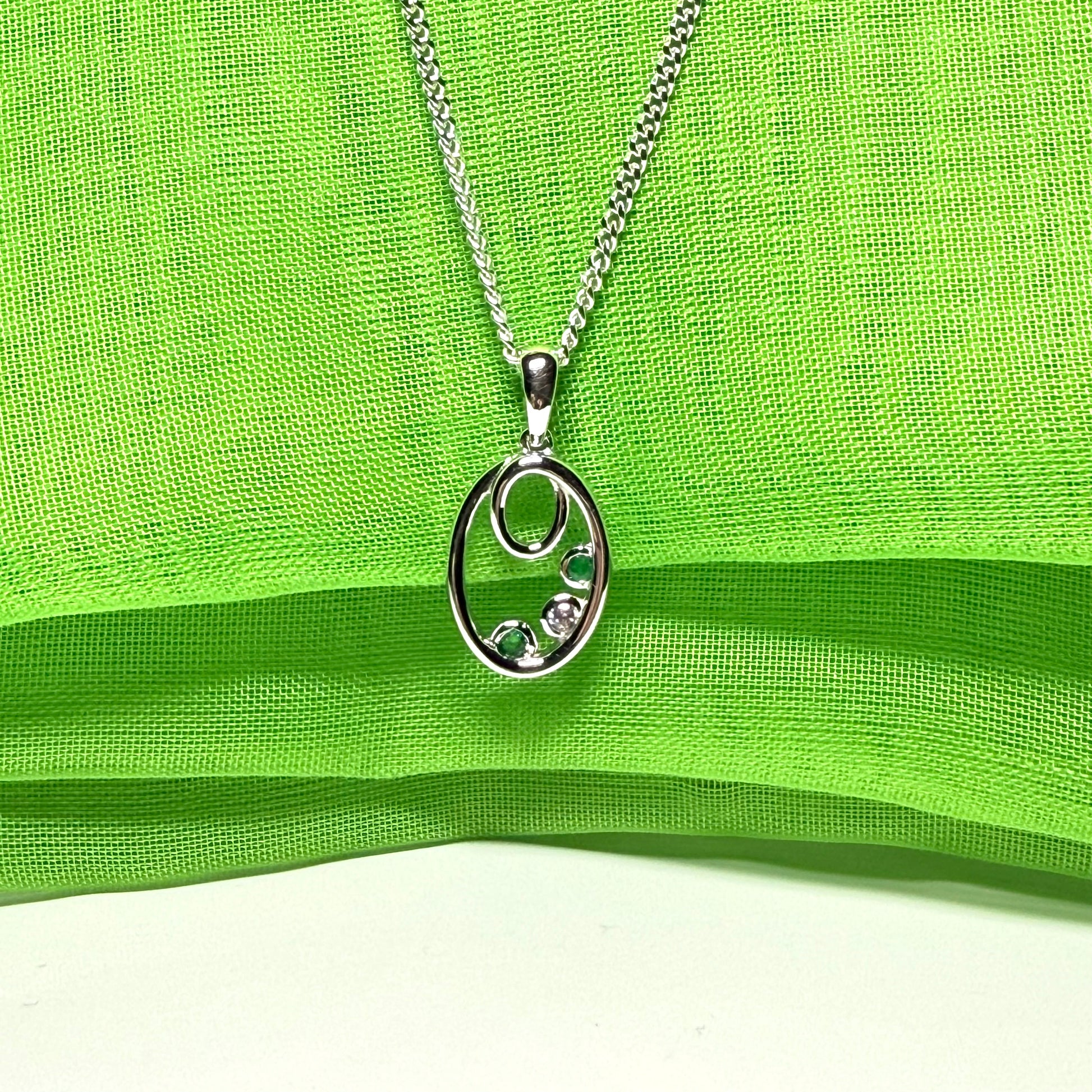 Real green emerald sterling silver oval necklace pendant with cubic zirconia