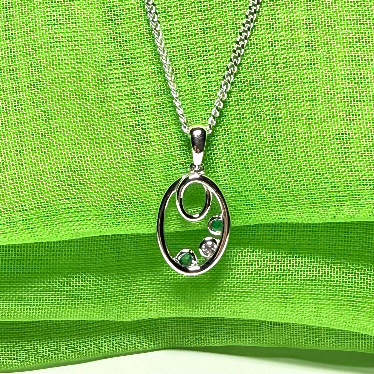 Real green emerald sterling silver oval necklace pendant with cubic zirconia