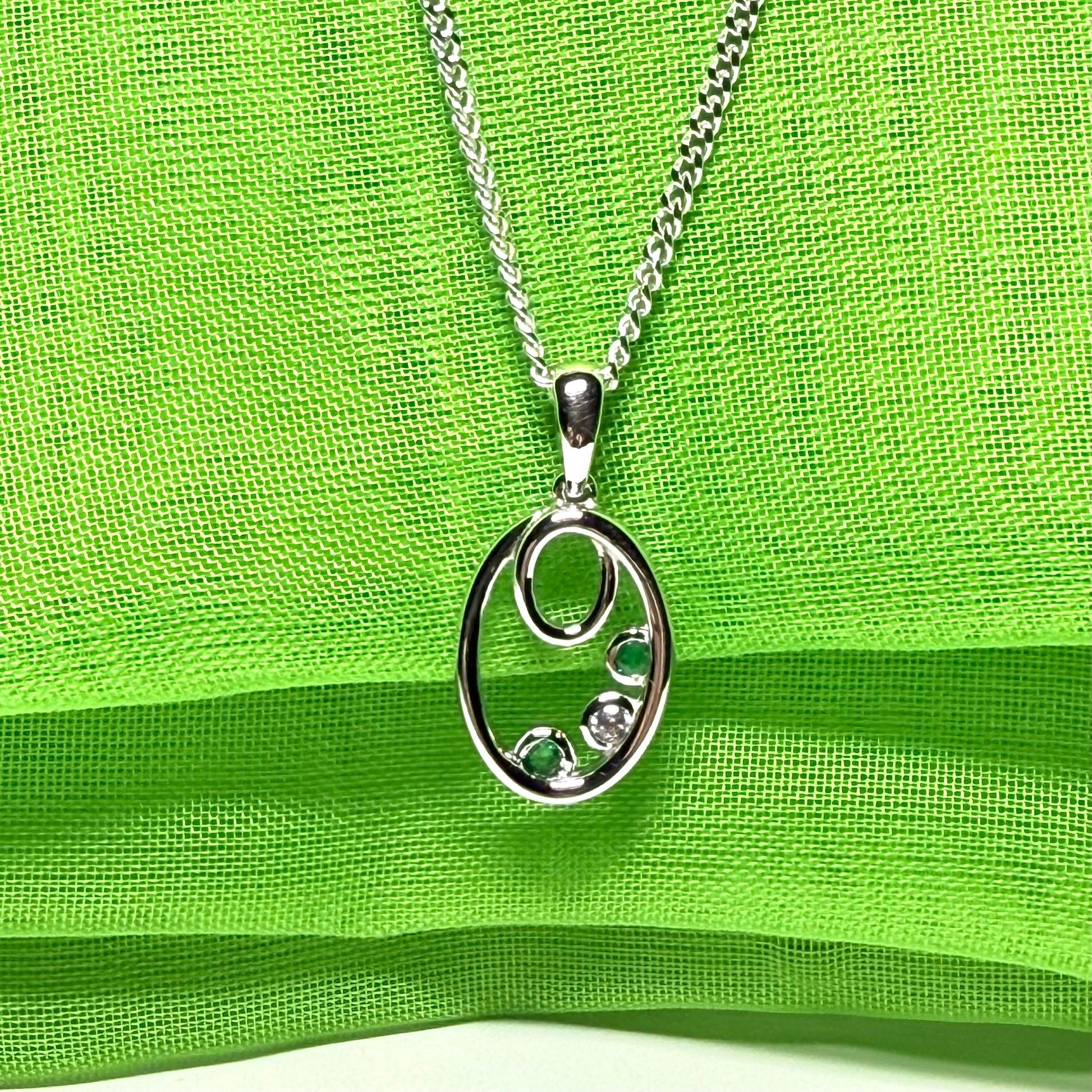 Real green emerald sterling silver oval necklace pendant with cubic zirconia