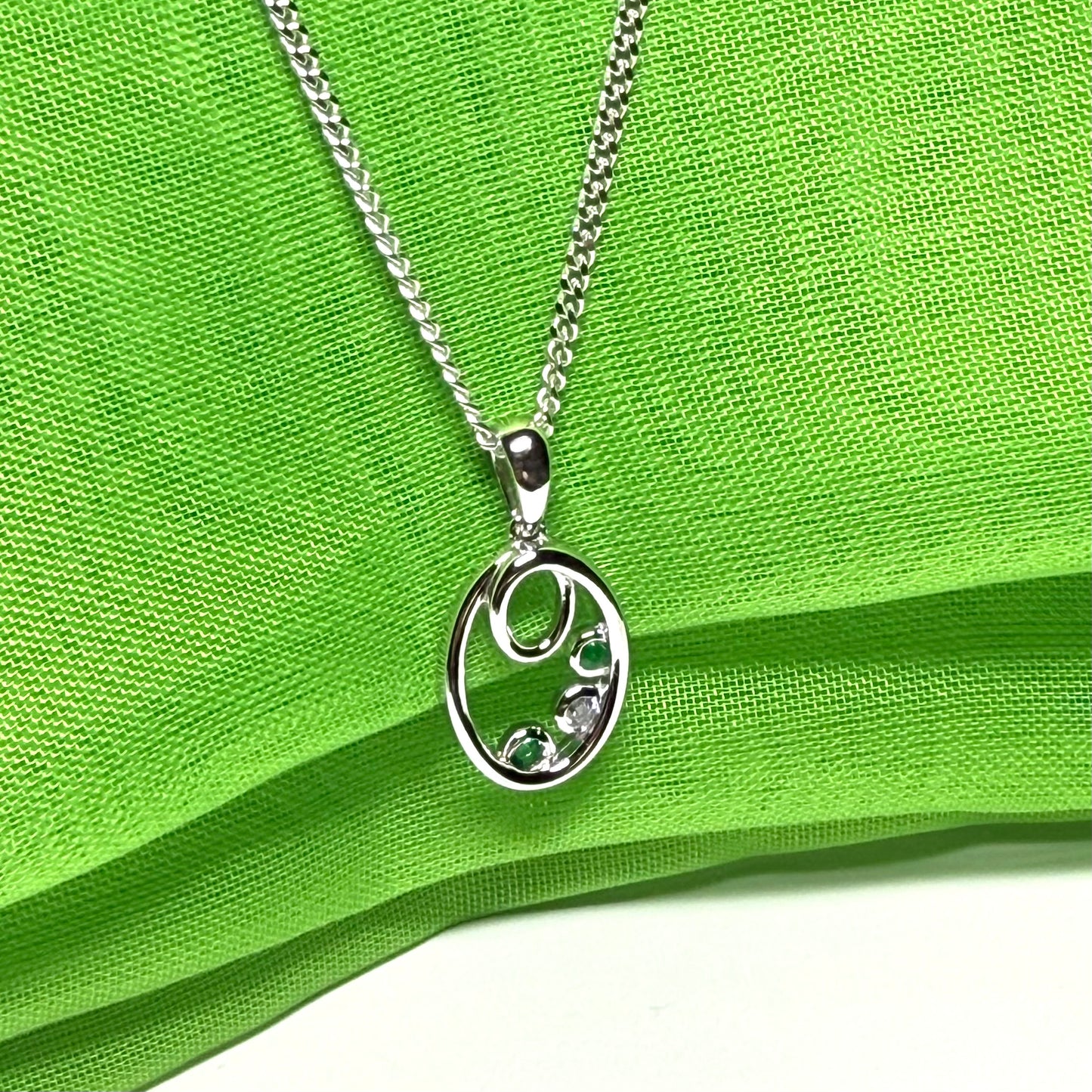 Real green emerald sterling silver oval necklace pendant with cubic zirconia