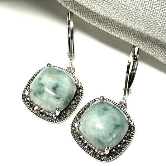 Green jade and marcasite silver cushion shape drop earrings