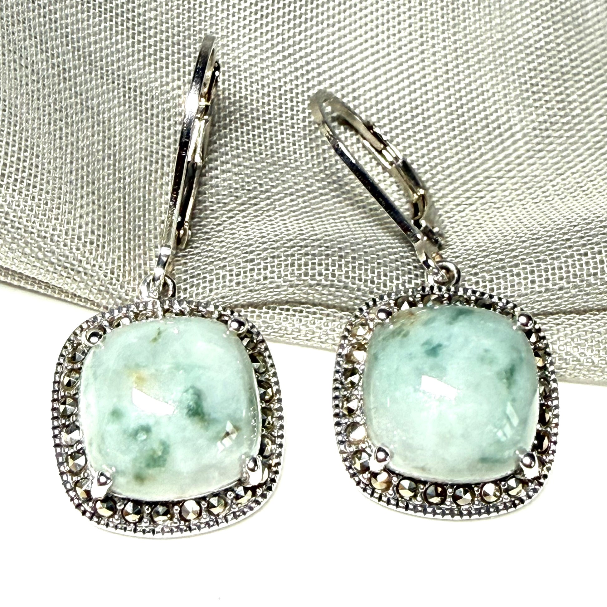 Green jade and marcasite silver cushion shape drop earrings