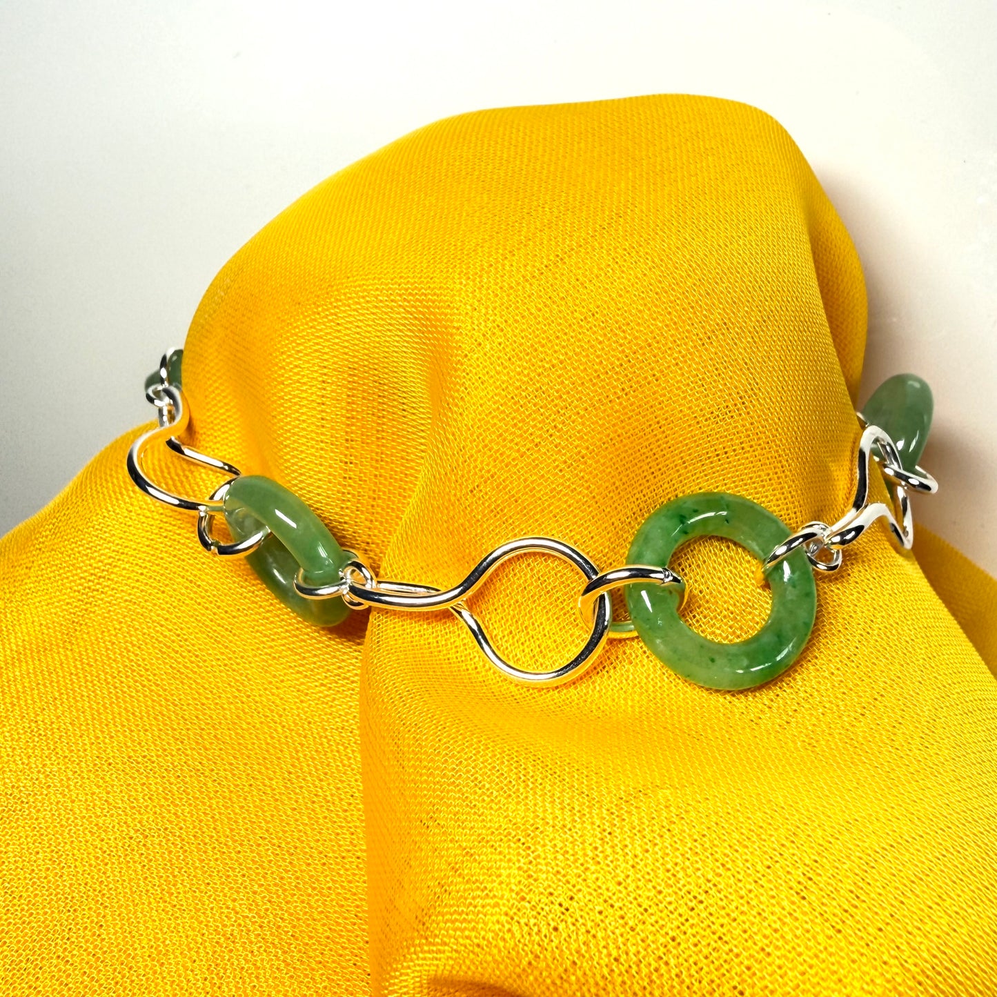 Real green jade bracelet round circle sterling silver twisted design