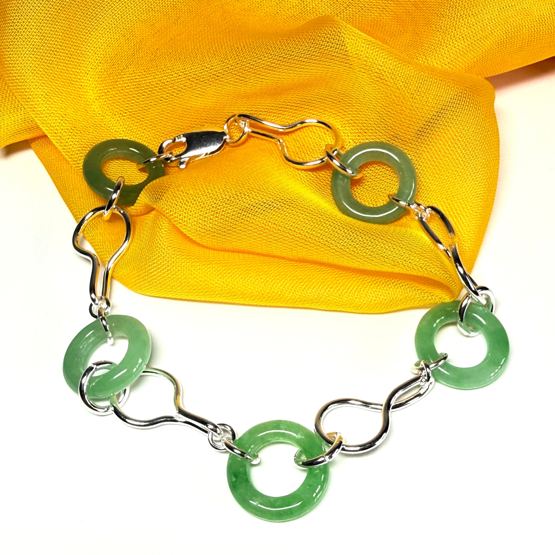 Real green jade bracelet round circle sterling silver twisted design