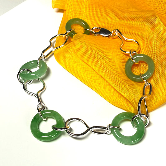 Real green jade bracelet round circle sterling silver twisted design