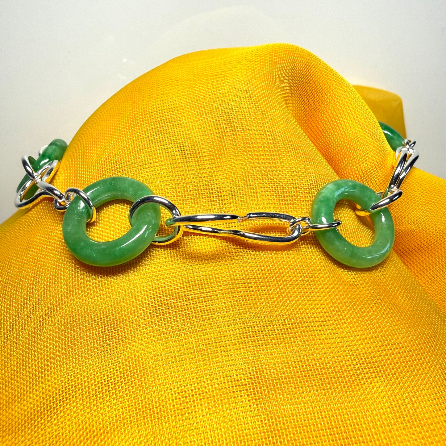 Real green jade bracelet sterling silver round circle twisted design