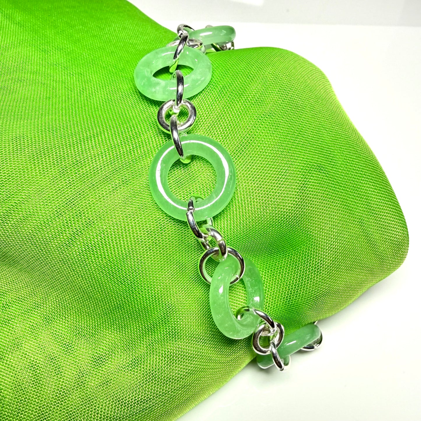 Real green jade bracelet sterling silver circle round design