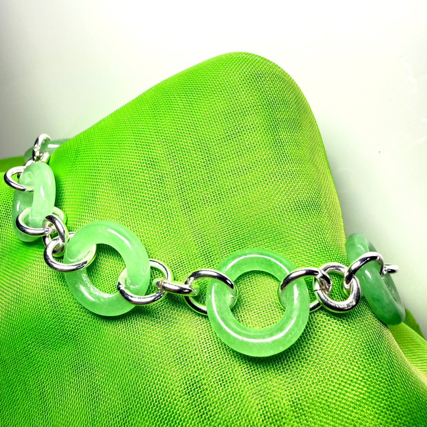 Real green jade bracelet sterling silver circle round design
