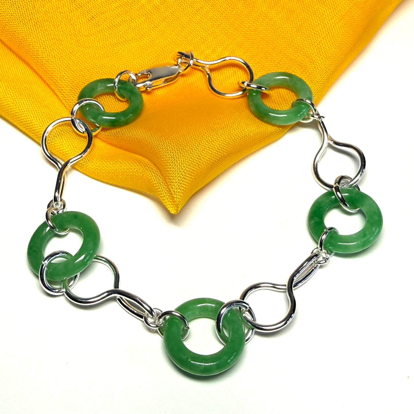 Real green jade bracelet sterling silver round circle twisted design