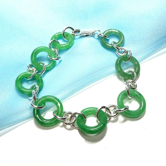 Real green jade bracelet sterling silver round circle design