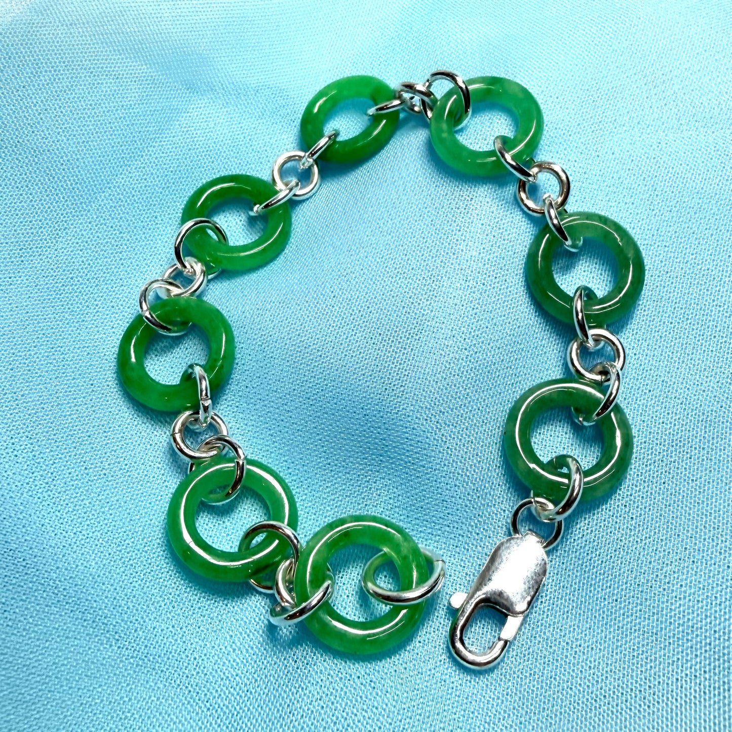 Real green jade bracelet sterling silver round circle design