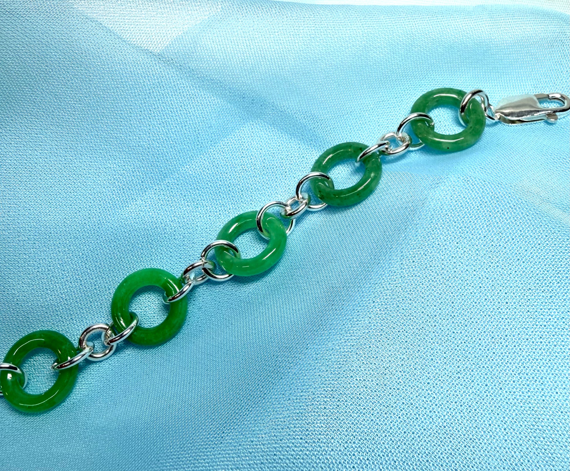 Real green jade bracelet sterling silver round circle design