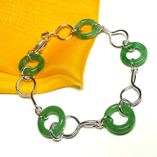Real green jade bracelet sterling silver round circle twisted design