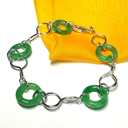 Real green jade bracelet sterling silver round circle twisted design
