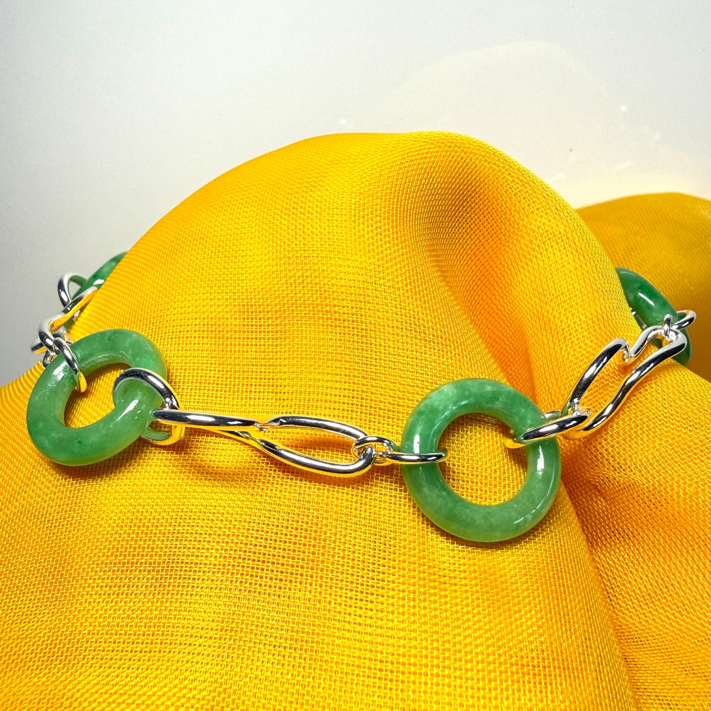 Real green jade bracelet sterling silver round circle twisted design