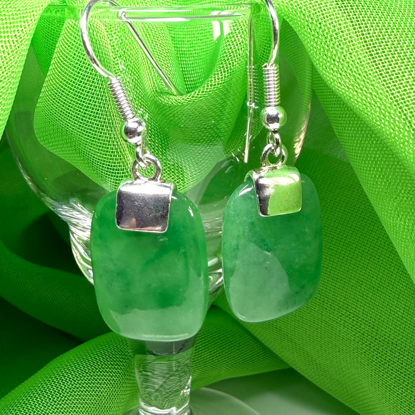 Real green jade cushion shaped sterling silver drop earrings