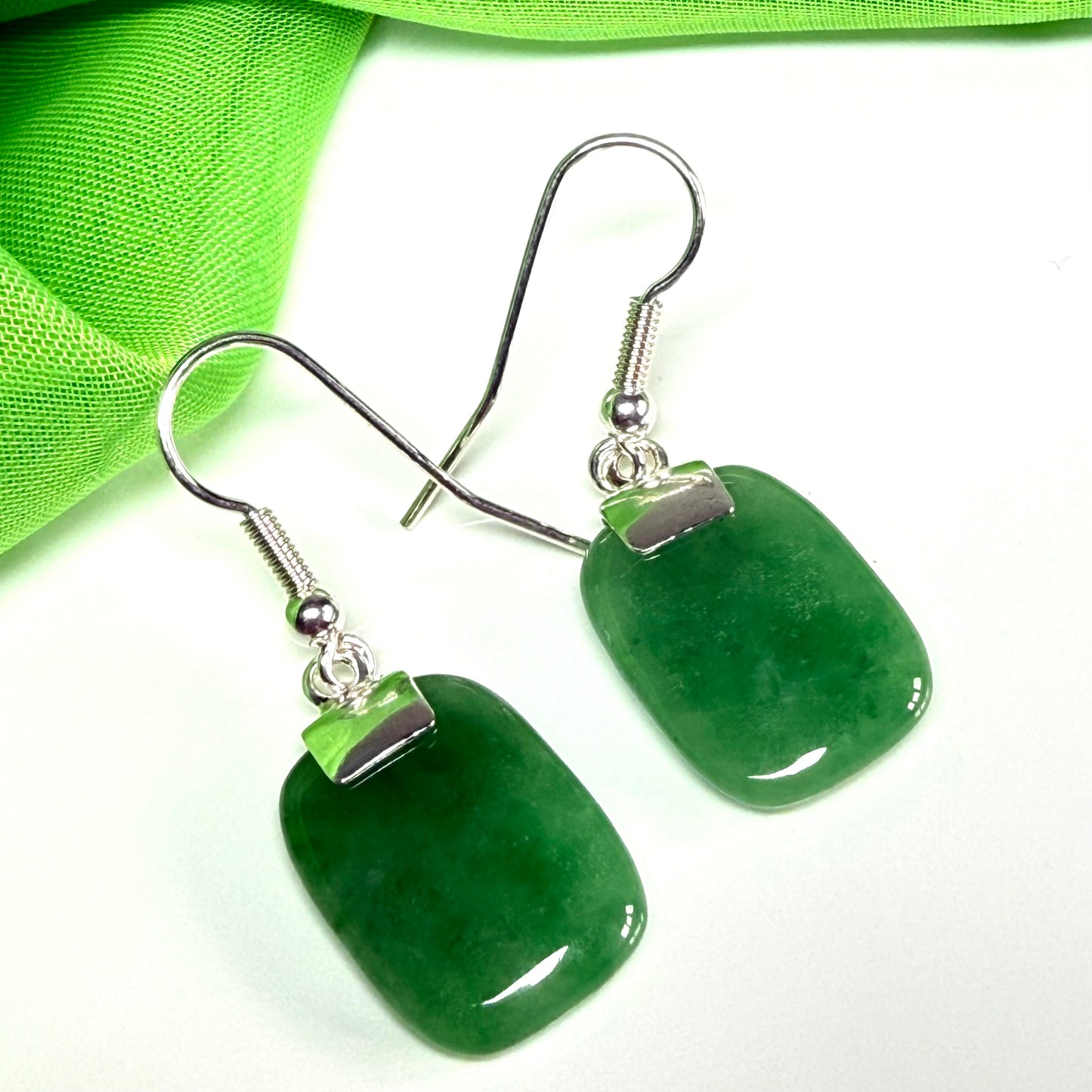 Real green jade cushion shaped sterling silver drop earrings