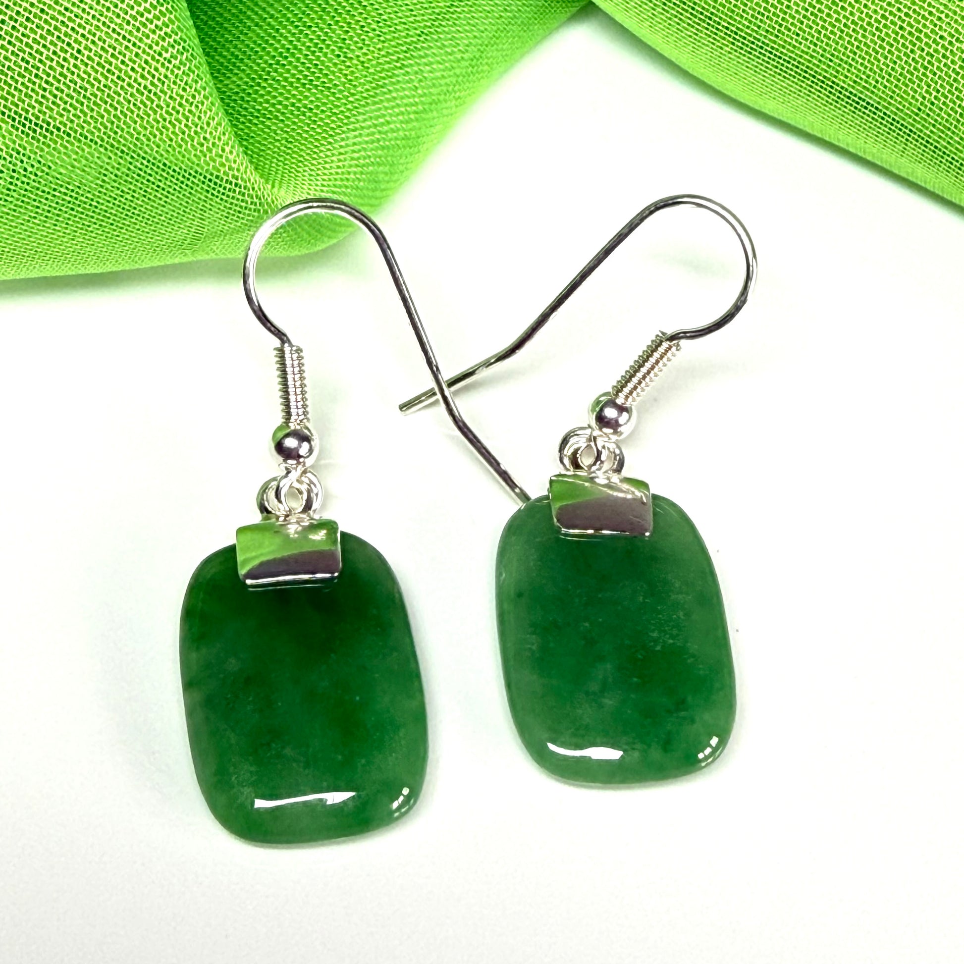 Real green jade cushion shaped sterling silver drop earrings