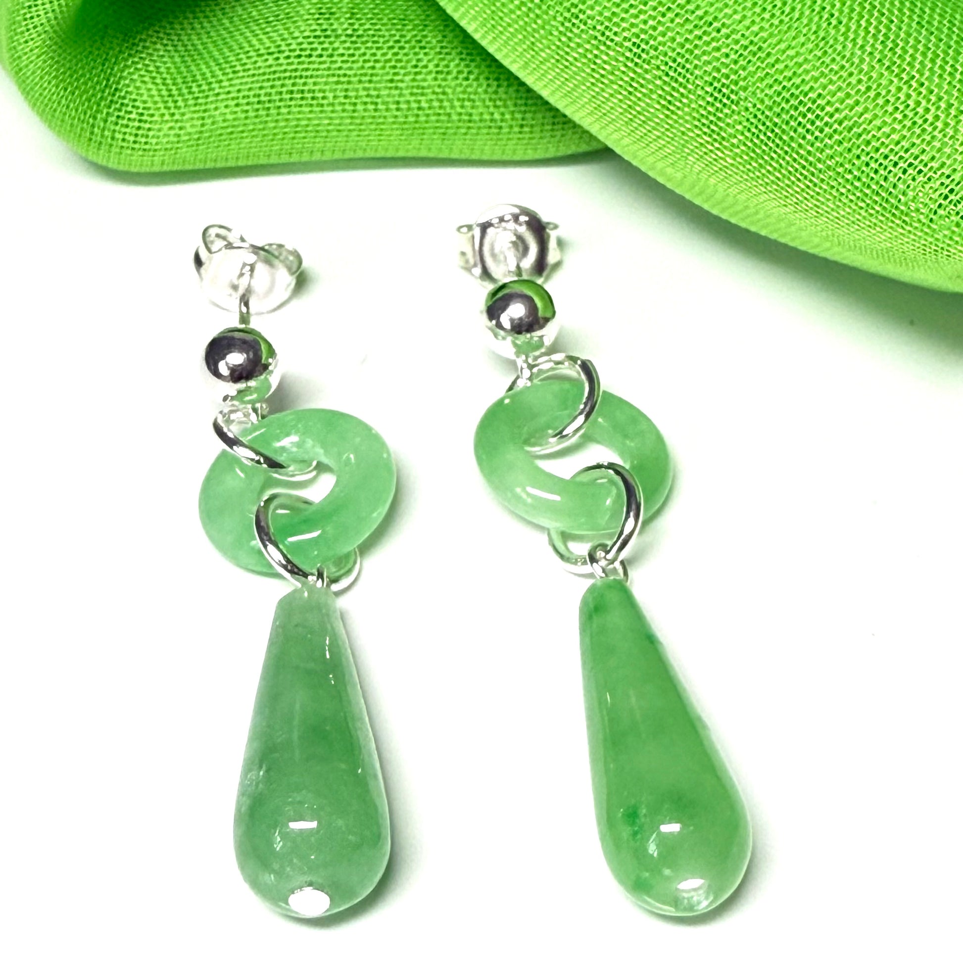Real green jade drop earrings teardrop shaped and round shaped set in sterling silver