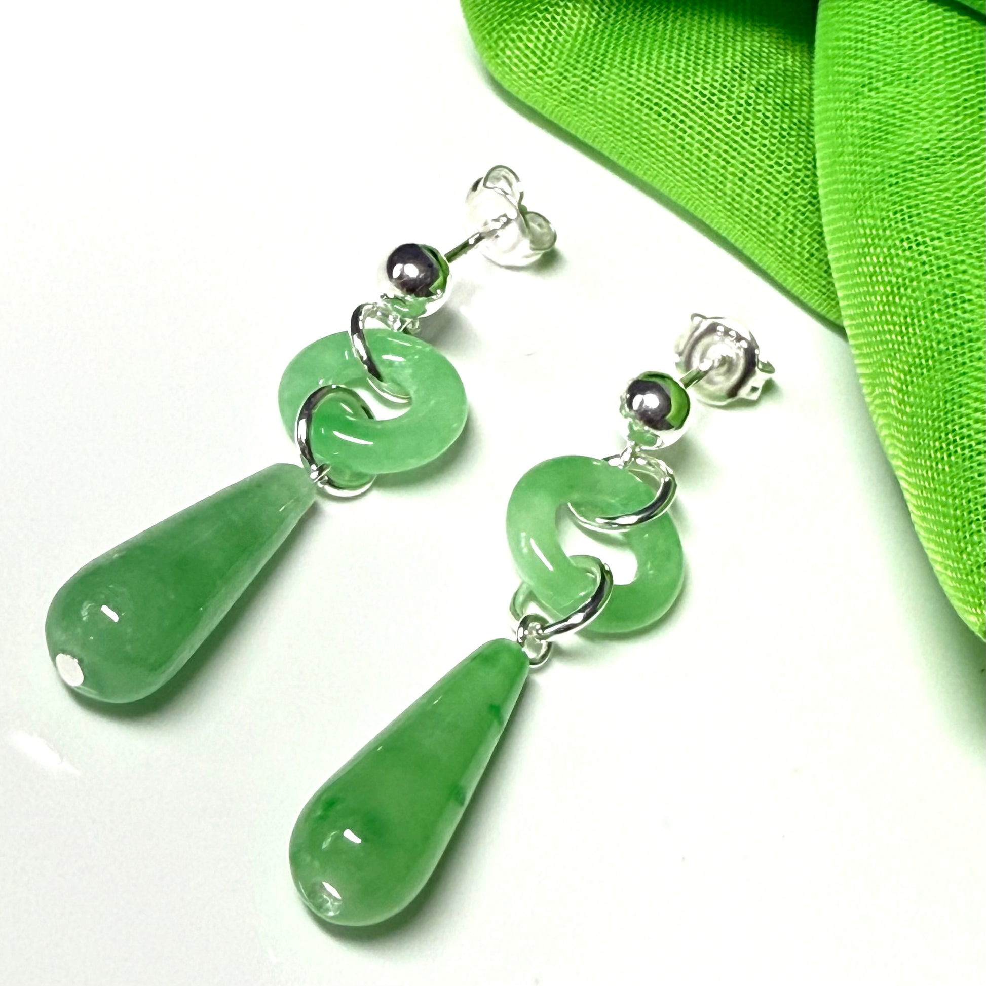 Real green jade drop earrings teardrop shaped and round shaped set in sterling silver
