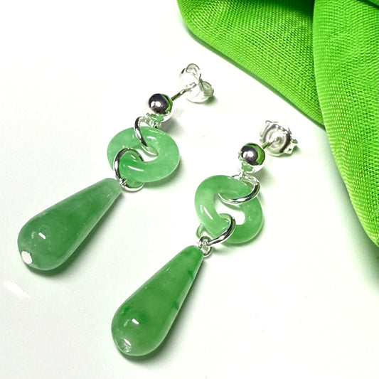 Real green jade drop earrings teardrop shaped and round shaped set in sterling silver