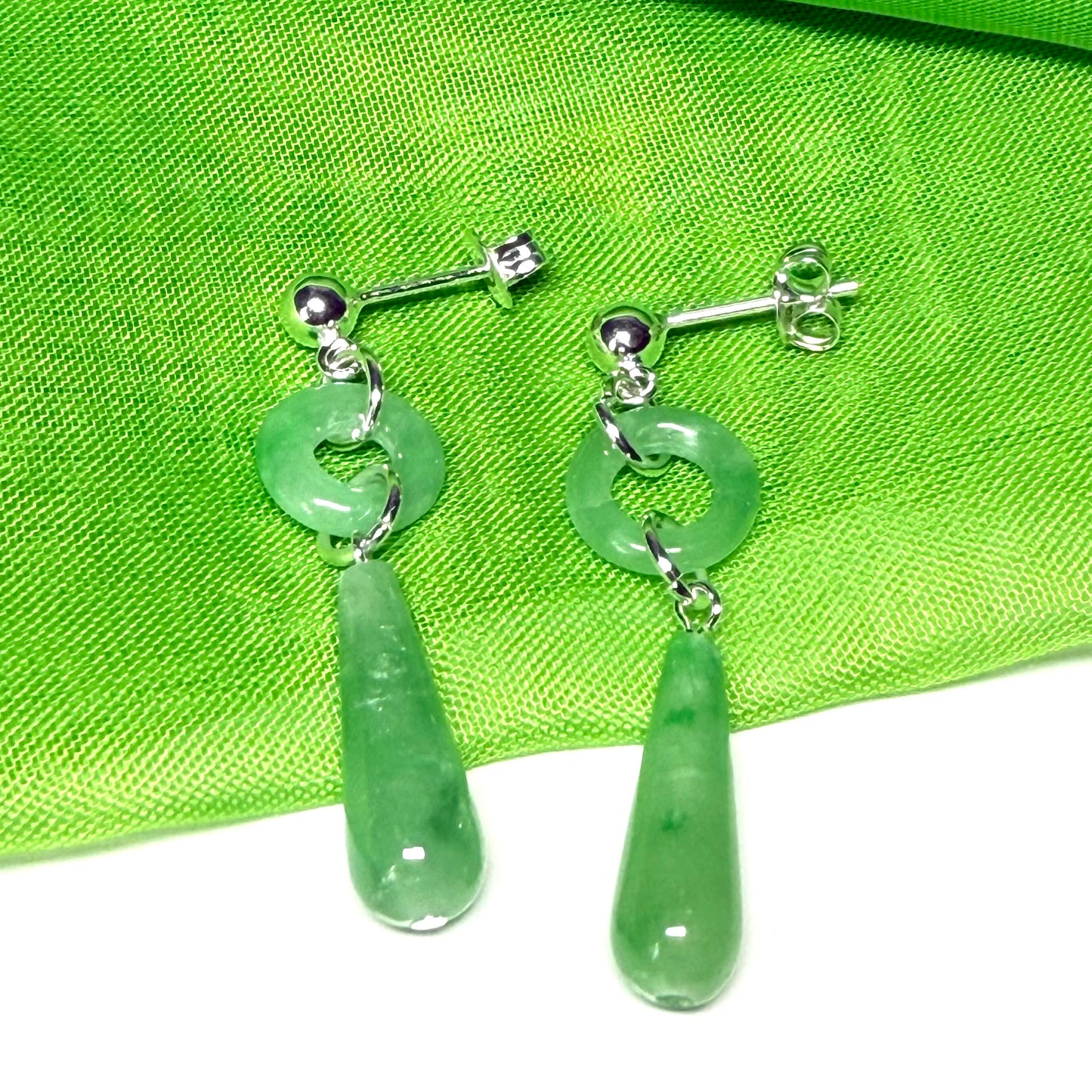 Real green jade drop earrings teardrop shaped and round shaped set in sterling silver