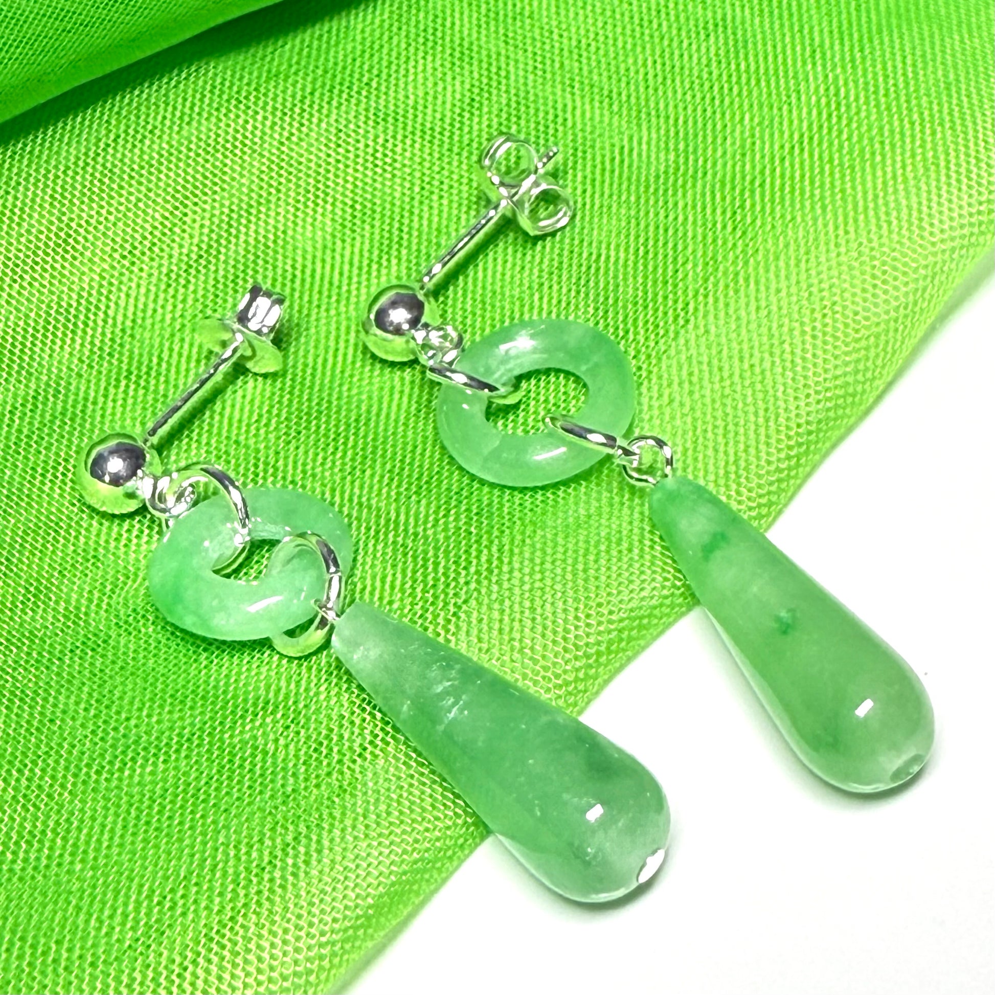 Real green jade drop earrings teardrop shaped and round shaped set in sterling silver