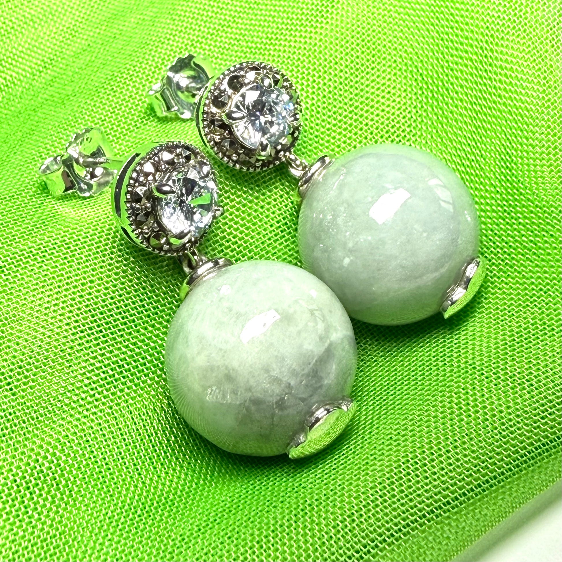 Real green jade earrings with cubic zirconia round ball shaped dropped round design