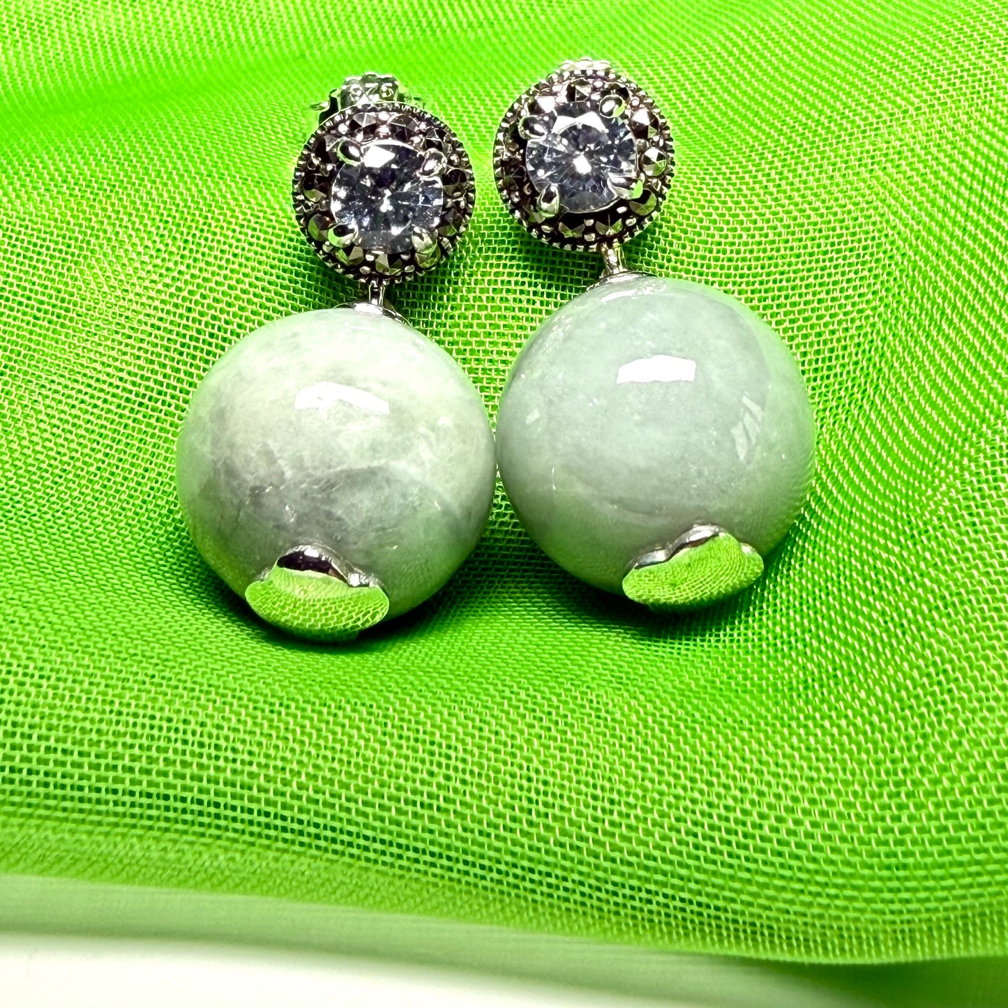 Real green jade earrings with cubic zirconia round ball shaped dropped round design