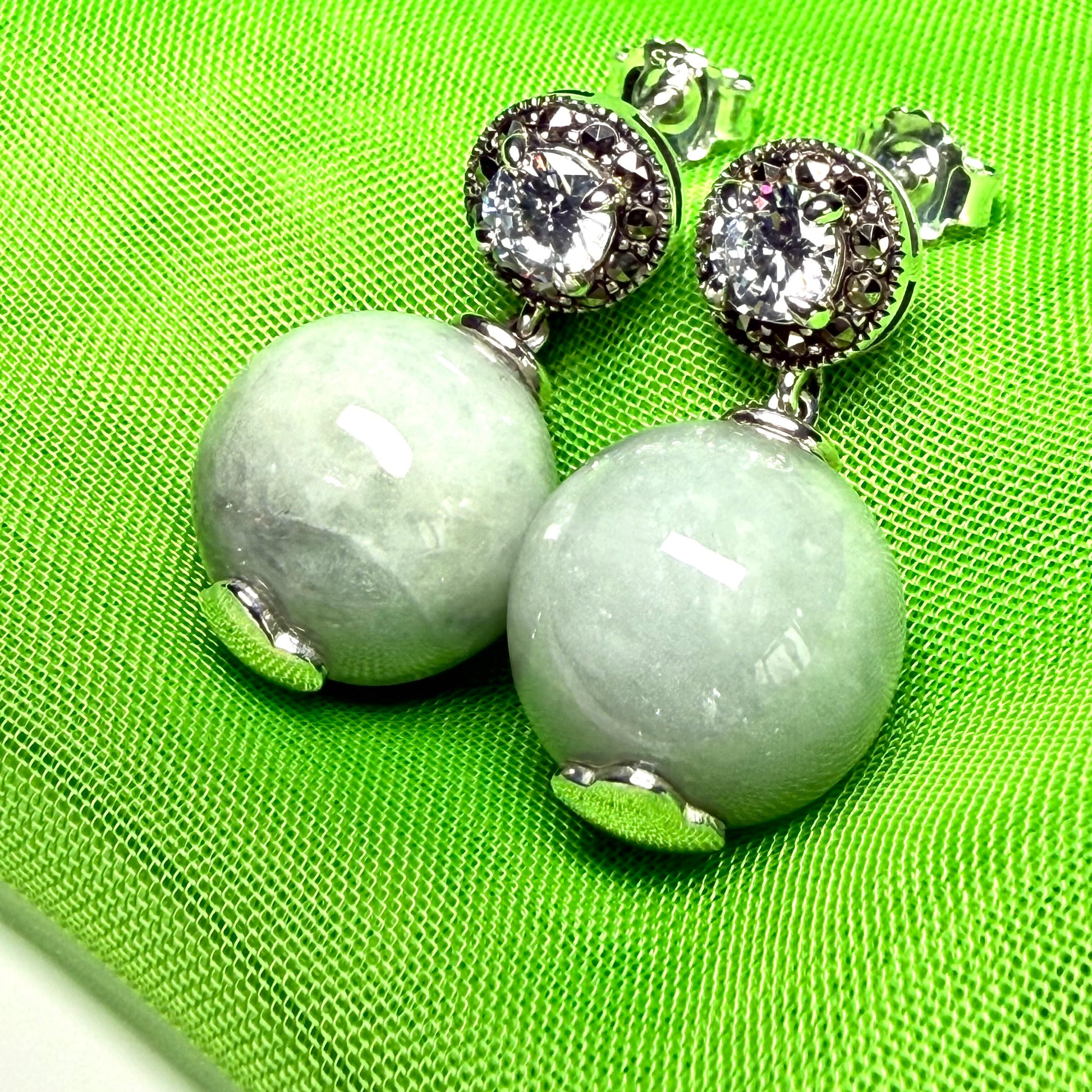 Real green jade earrings with cubic zirconia round ball shaped dropped round design