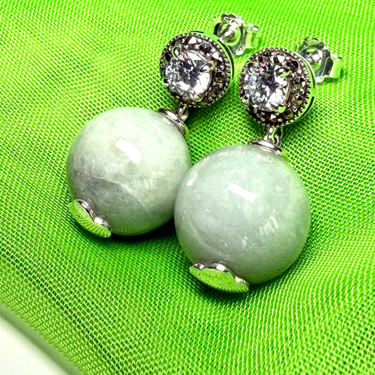 Real green jade earrings with cubic zirconia round ball shaped dropped round design