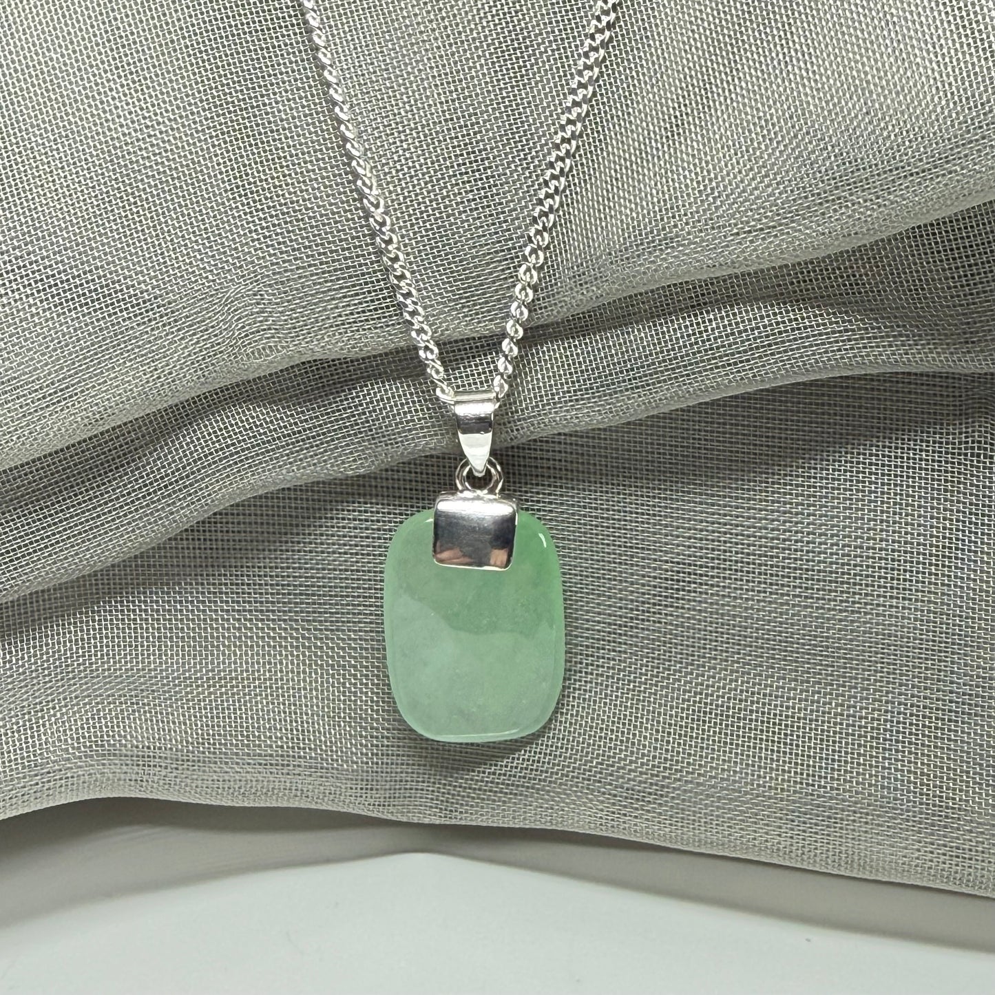 Real green jade necklace cushion shaped silver with a chain, stunning pendant