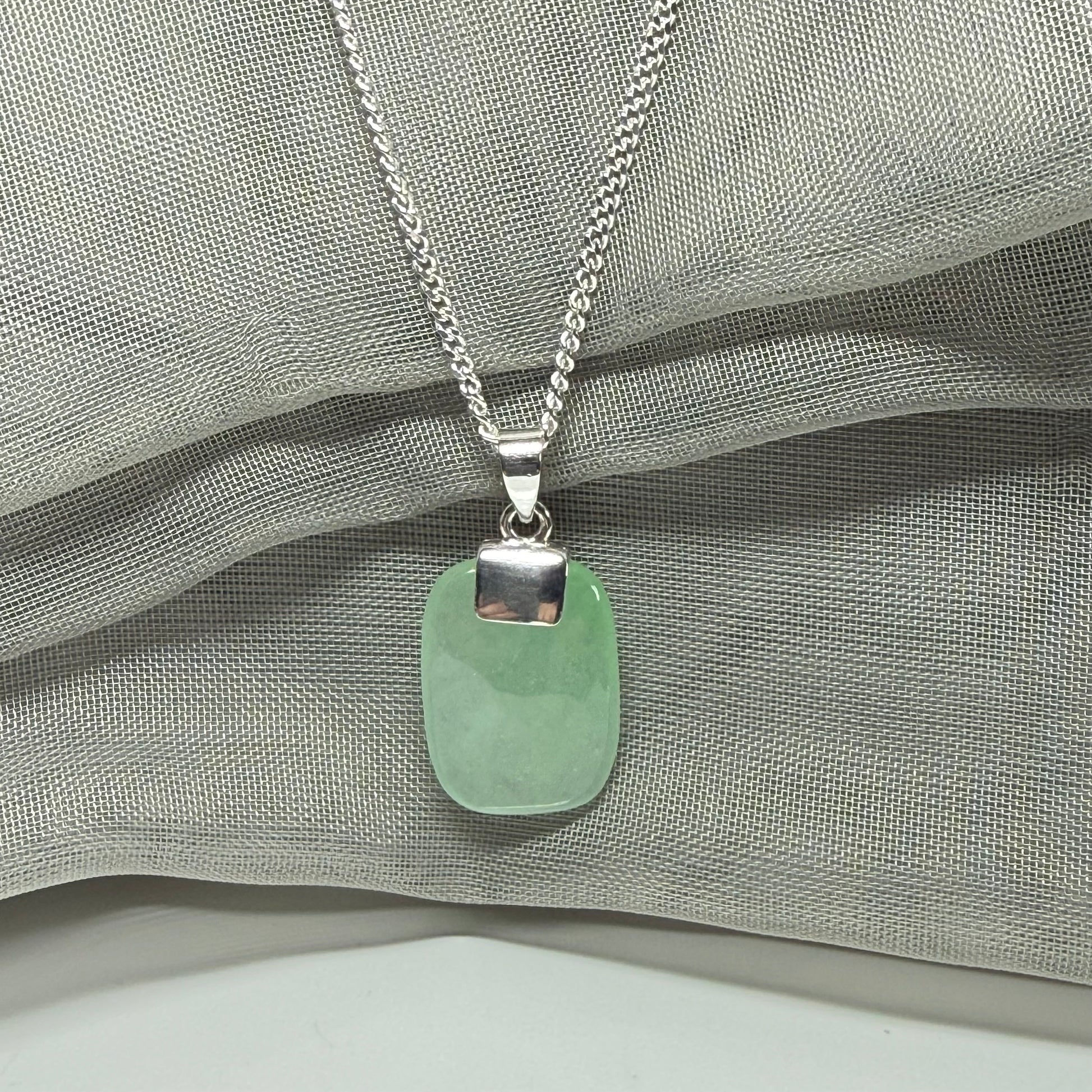 Real green jade necklace cushion shaped silver with a chain, stunning pendant