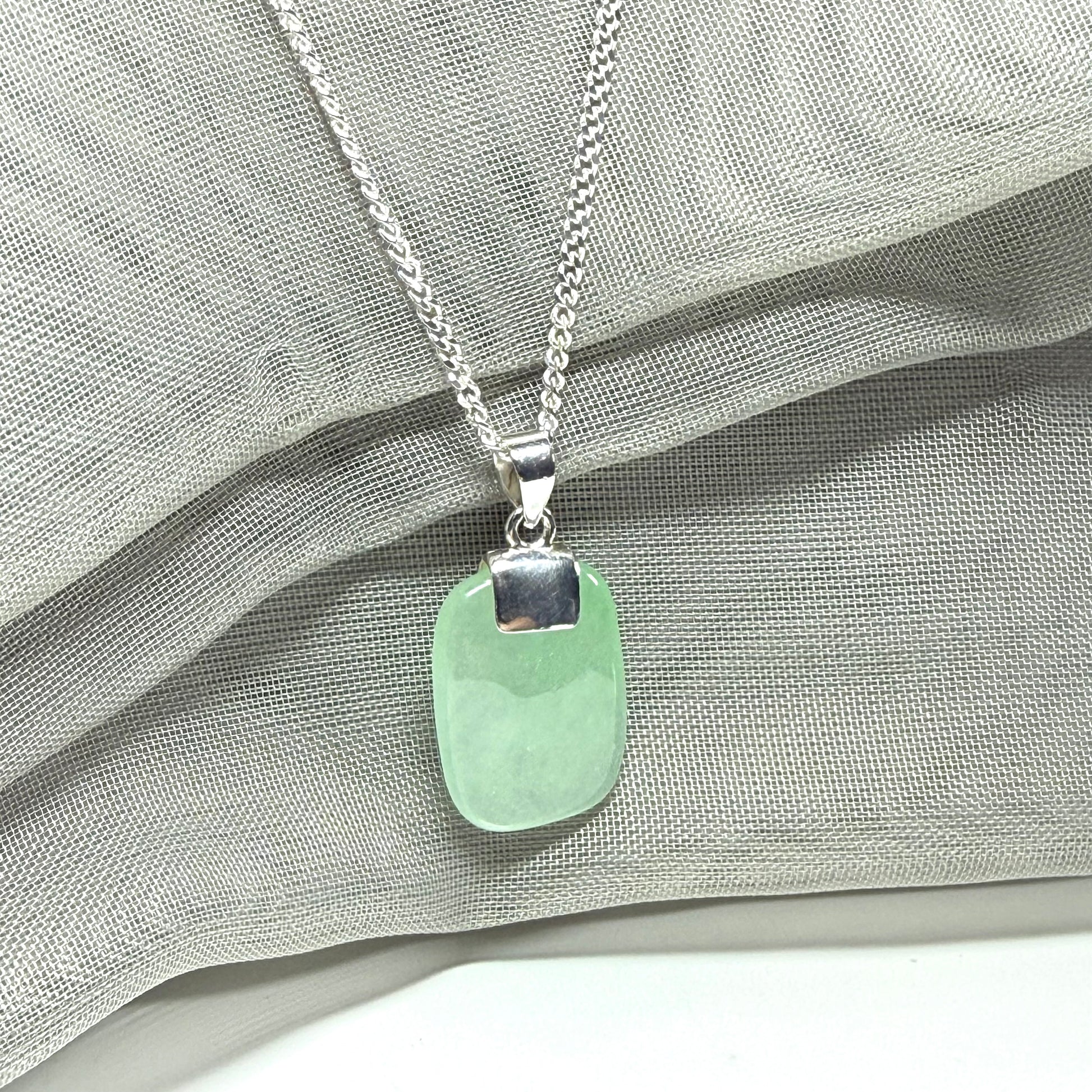 Real green jade necklace cushion shaped silver with a chain, stunning pendant