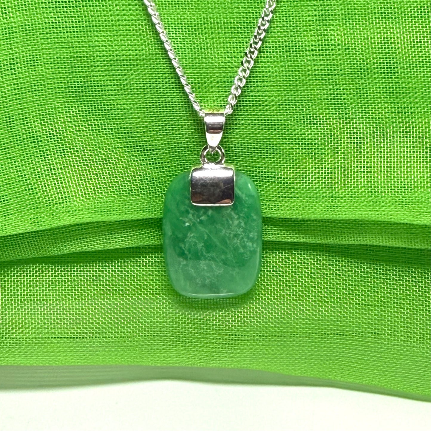 Real green jade necklace cushion shaped stone sterling silver