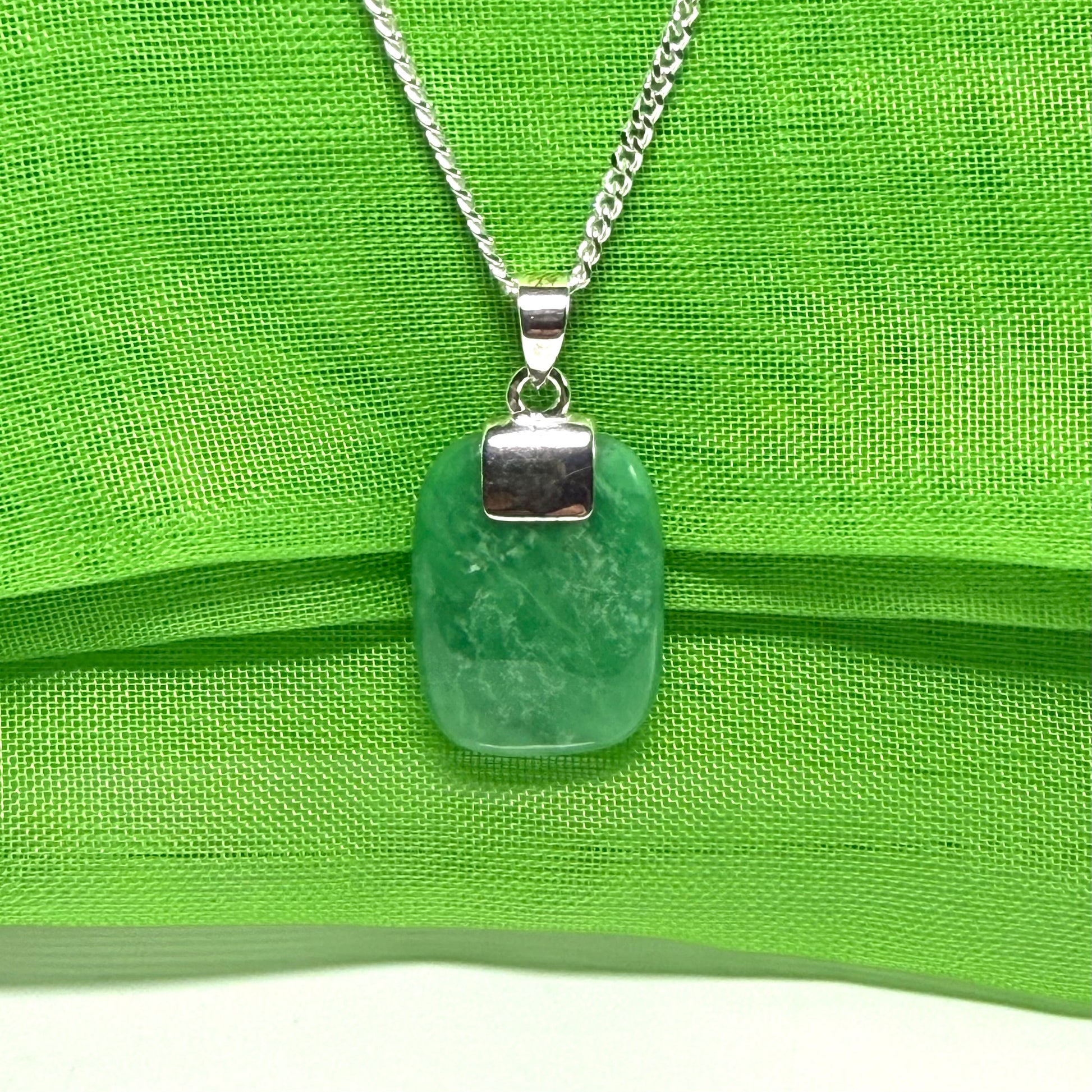 Real green jade necklace cushion shaped stone sterling silver