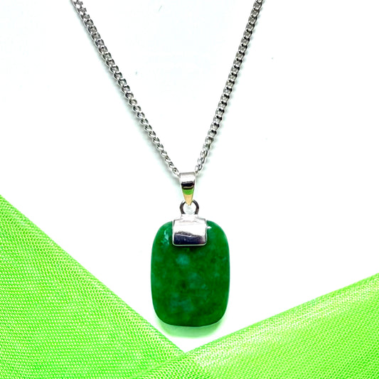 Real green jade necklace cushion shaped stone sterling silver, a timeless designed pendant
