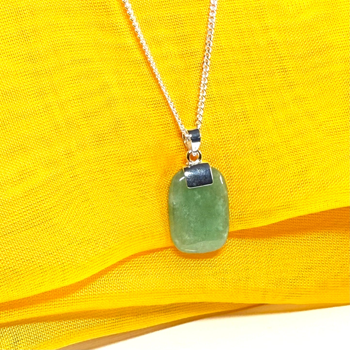 A real green jade necklace cushion shape stone sterling silver chain included losange shaped pendant