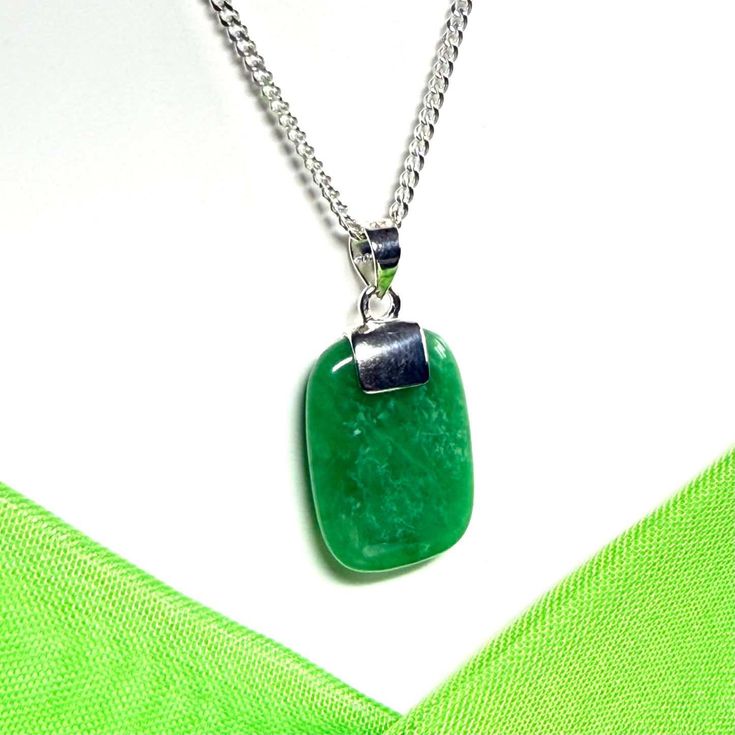 Real green jade necklace cushion shaped stone sterling silver