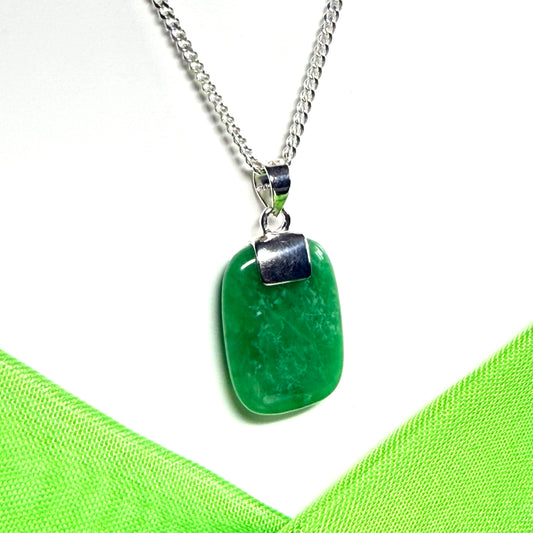 Real green jade necklace cushion shaped stone sterling silver