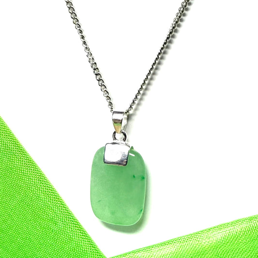 Real green jade necklace cushion shaped pendant with a solid silver curb chain included