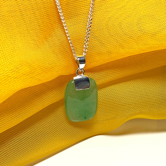 Real green jade necklace cushion shaped silver with a chain, truly stunning pendant